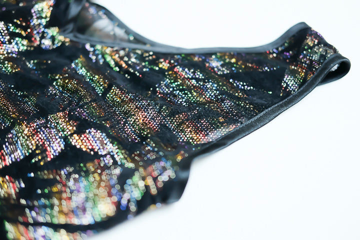 Vintage 90's Mesh Top faric detail, rainbow reflective fabric
