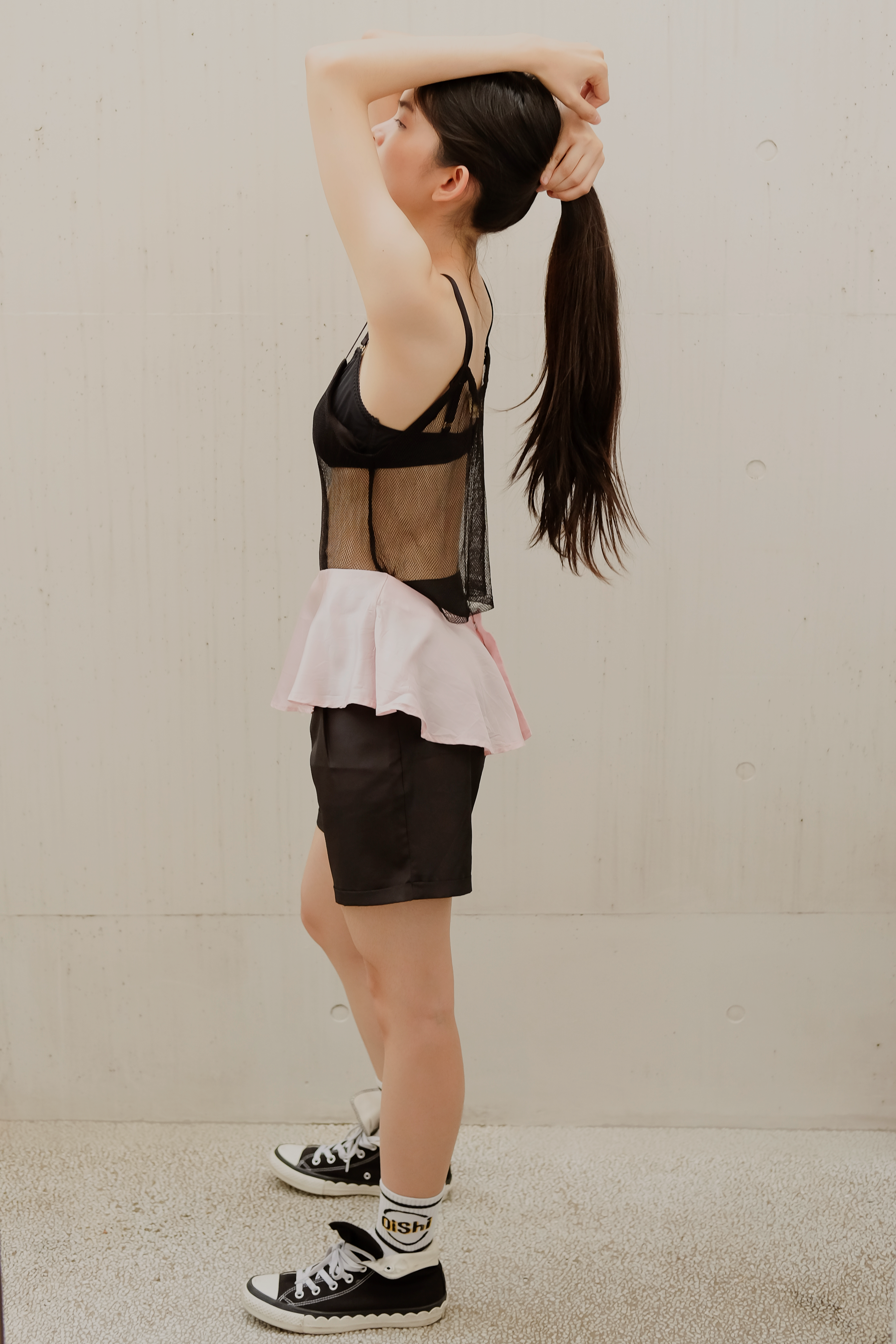 Toga Pulla Mesh Top black and pink side view